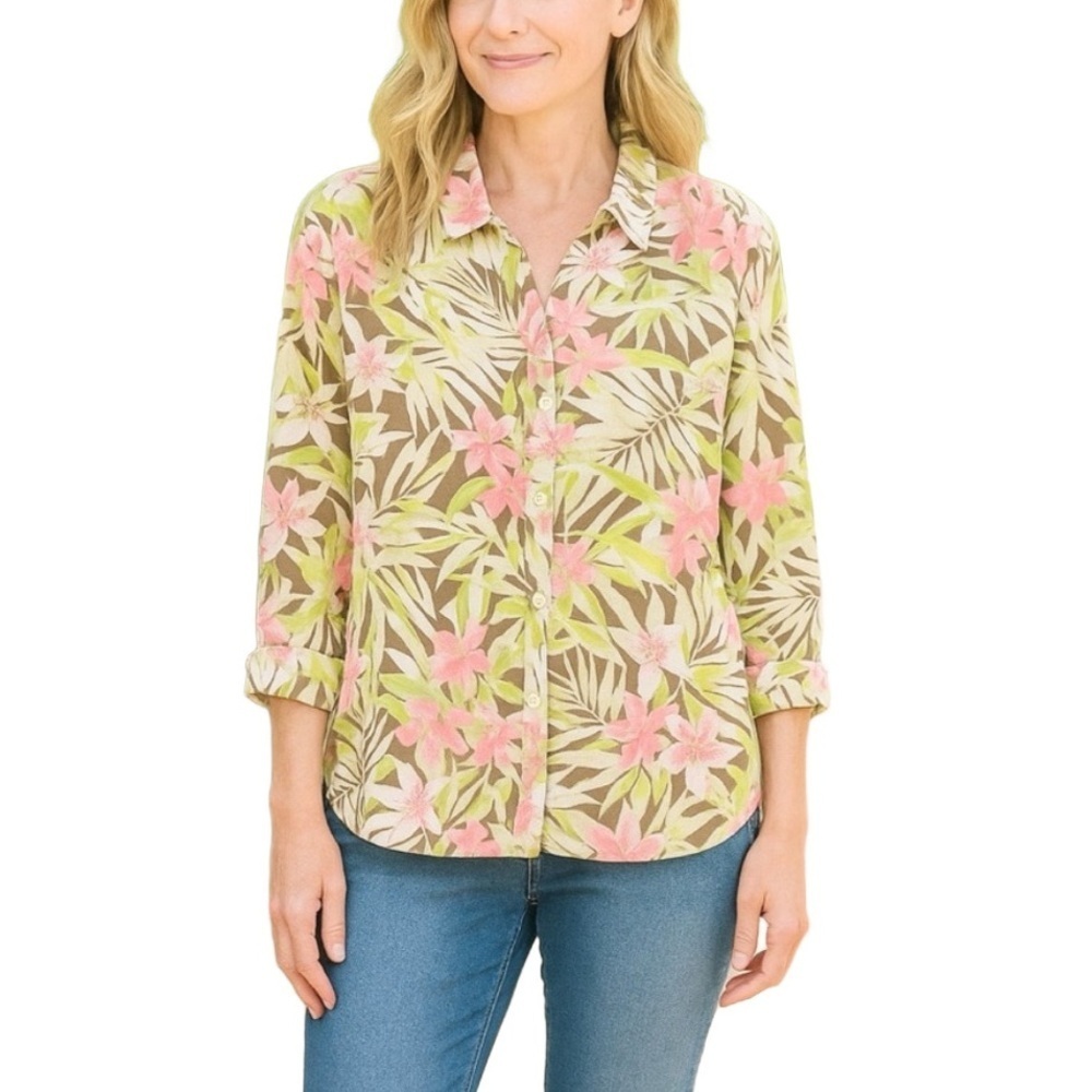 J. JILL Love Linen Green Pink Tropical Print Button Down Shirt